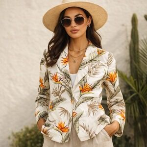 Tropical Floral Resort Blazer Women's‎ Cream Botanical Cruise Vacation Jacket M